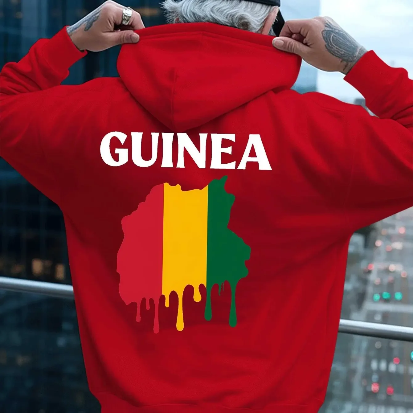 Men's Guinea Flag Hoodie Country Map Dripping Graphic Back Print Oversized Pullover Sweatshirt National Pride Streetwear