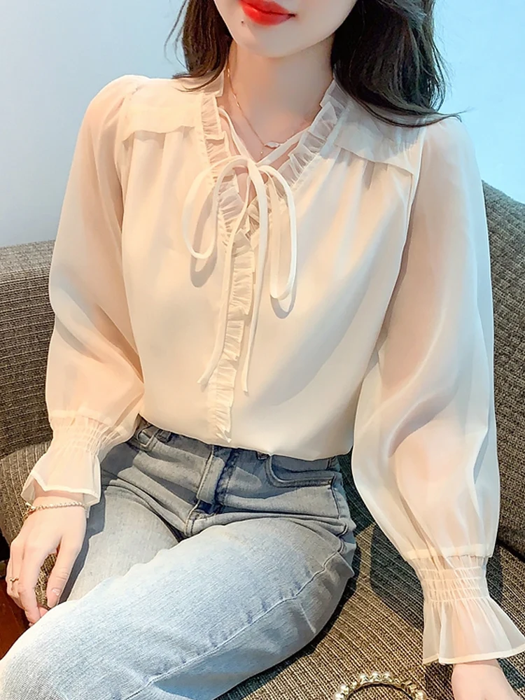 Blusas Mujer De Moda 2024 Blouses Shirts Long Sleeve V-Neck Blouse Women Apricot Chiffon Blouse Shirt Women Tops Blusa G352