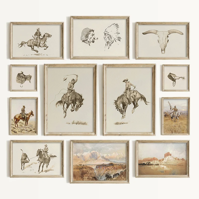 Arte de pared de vaquero de estilo del suroeste, impresiones occidentales Vintage, decoración para sala de estar, conjunto de carteles de galería rústica de país americano