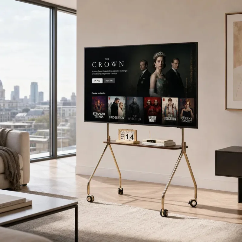 Luxury Mobile TV Cart on Wheels Sturdy Stainless Steel Frame Adjustable Height Stand Entertainment Center Fits 32-80 Inch TVs