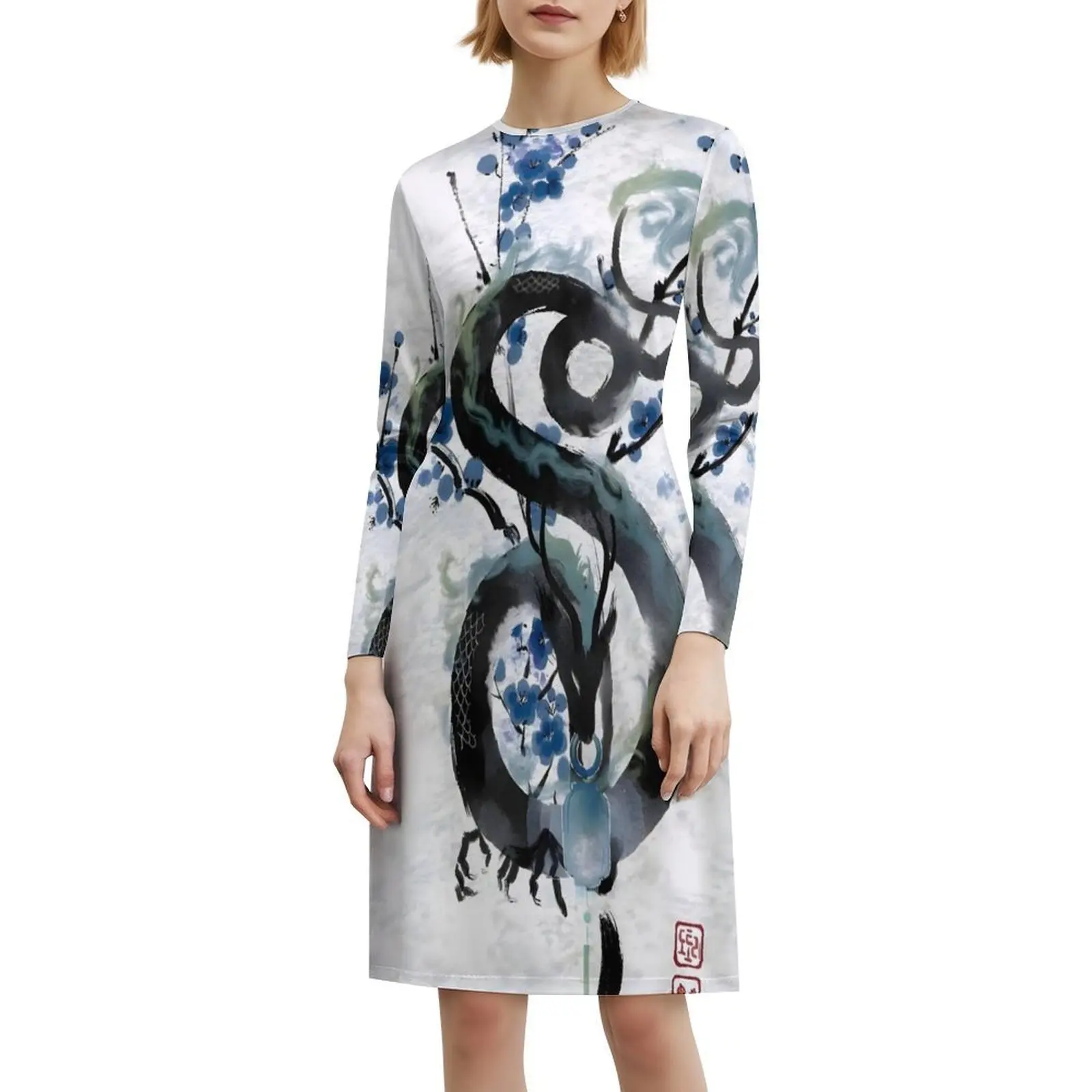 اليابانية الأزرق ليلة التنين الحبر غسل المرأة الشارع الشهير فستان الحفلات العصرية طباعة نادي الملابس للإناث اليابانية اليابان الوشم #6