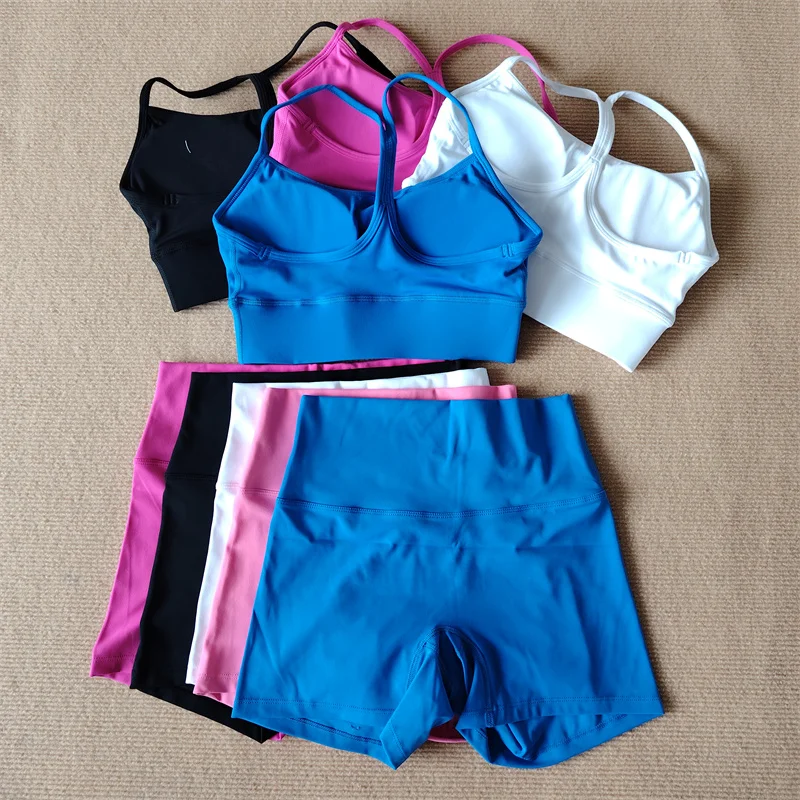 2-Piece Gym Yoga Suit Sexy Women Sportswear Solid Color Fitness Shorts Women Y-Shaped Bra Soft Comfortable Stretch Tight Shorts