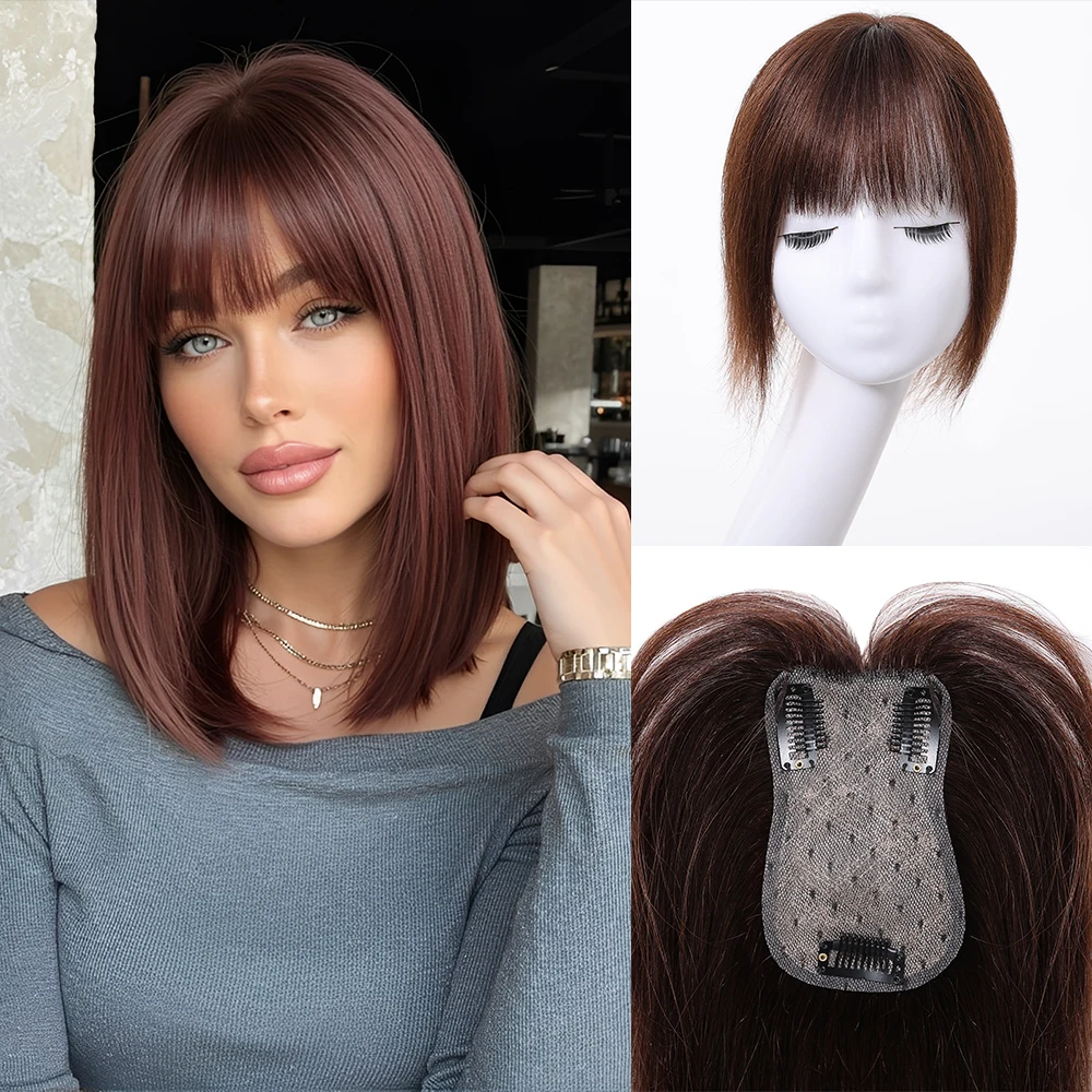 شعر بشري بني للنساء مشبك على هامش مع سوالف وقطعة علوية 100% شعر بشري بلانت قص شعر مموج #1