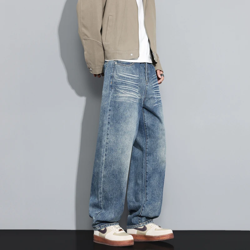 Calças de brim do vintage dos homens outono nova lavagem moda personalidade em linha reta calças casuais coreano streetwear masculino calças jeans