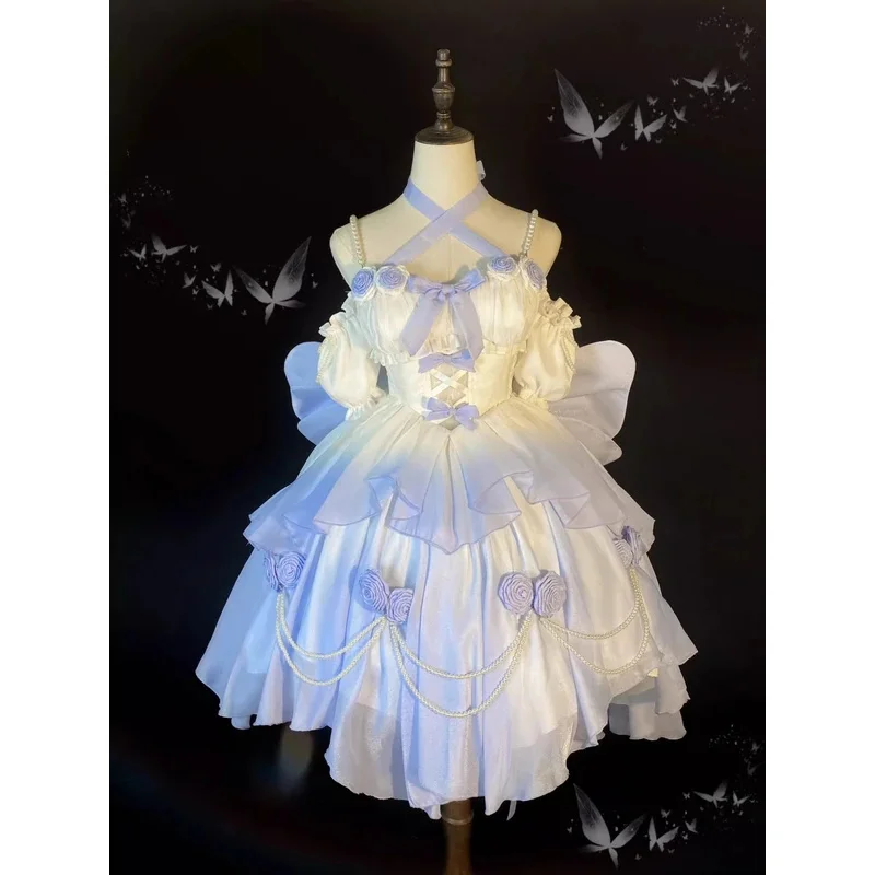 

Gradient blue light flower wedding hollow out front short back long Lolita fine sparkling Luo dress Pengpeng heavy industry JSK