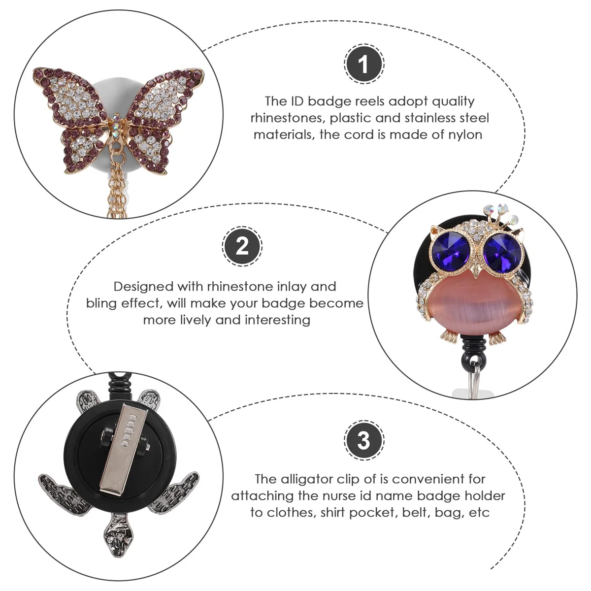 

4 Pcs Rhinestone Retractable Badge Reel ID Badge Reel Clip for Nurse Doctor Teacher (Butterfly Sunflower Turtle Owl)