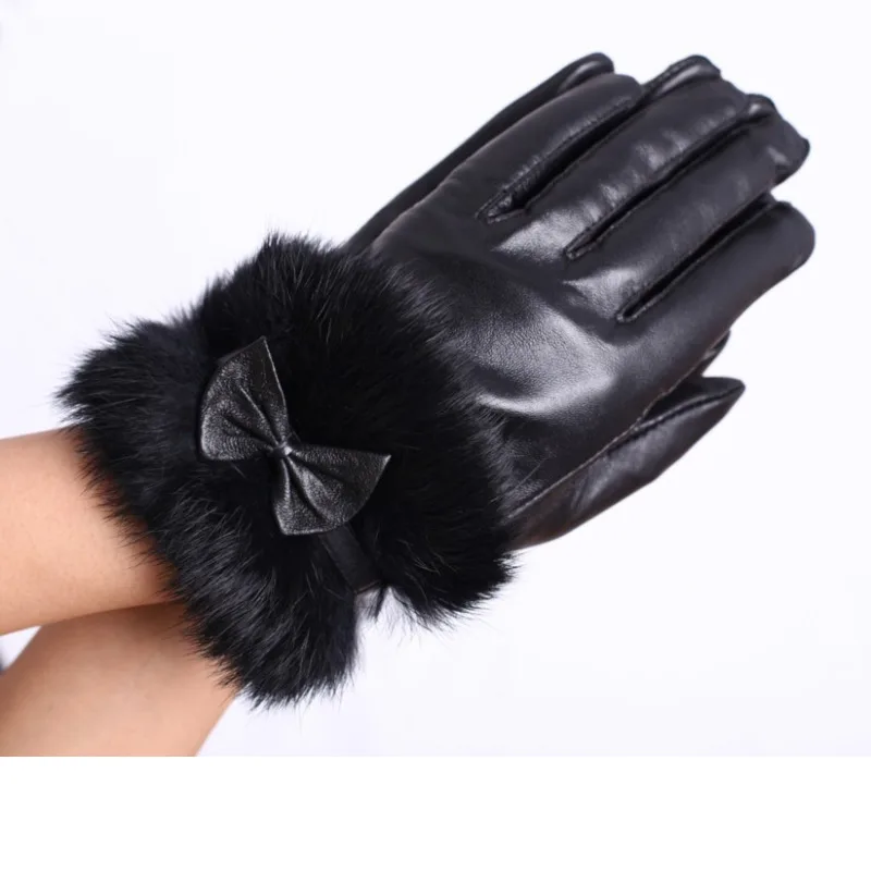 1 Pair Women`s Winter Lambskin Leather Touchscreen Gloves Wool Lined Rabbit Fur Cuffs Bowknot Decor Thickened Mittens