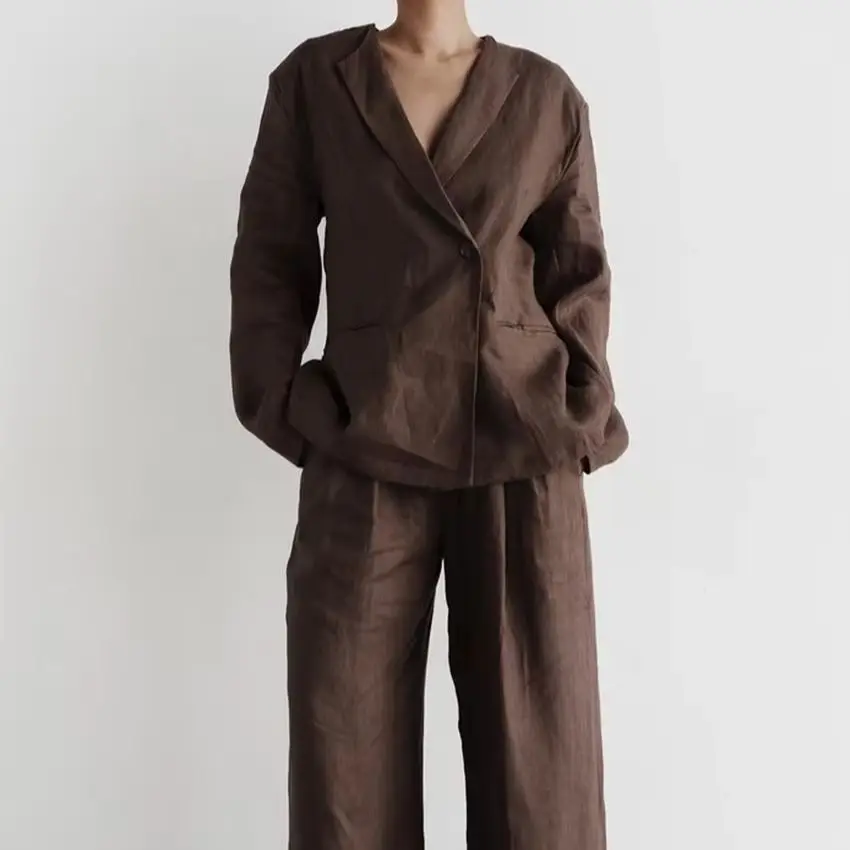 

Women 2 Piece Sets Long Sleeve Breathable Button Up Loose Fit Blazer Shirt Wide Leg Cotton Breathable Pants Suit with Pocket