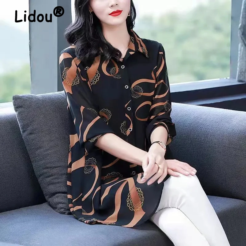 Women\'s Korean Fashion Print Oversized Button Up Shirt Vintage Elegant Lapel Long Sleeve Blouse Spring Autumn Casual Tunic Tops