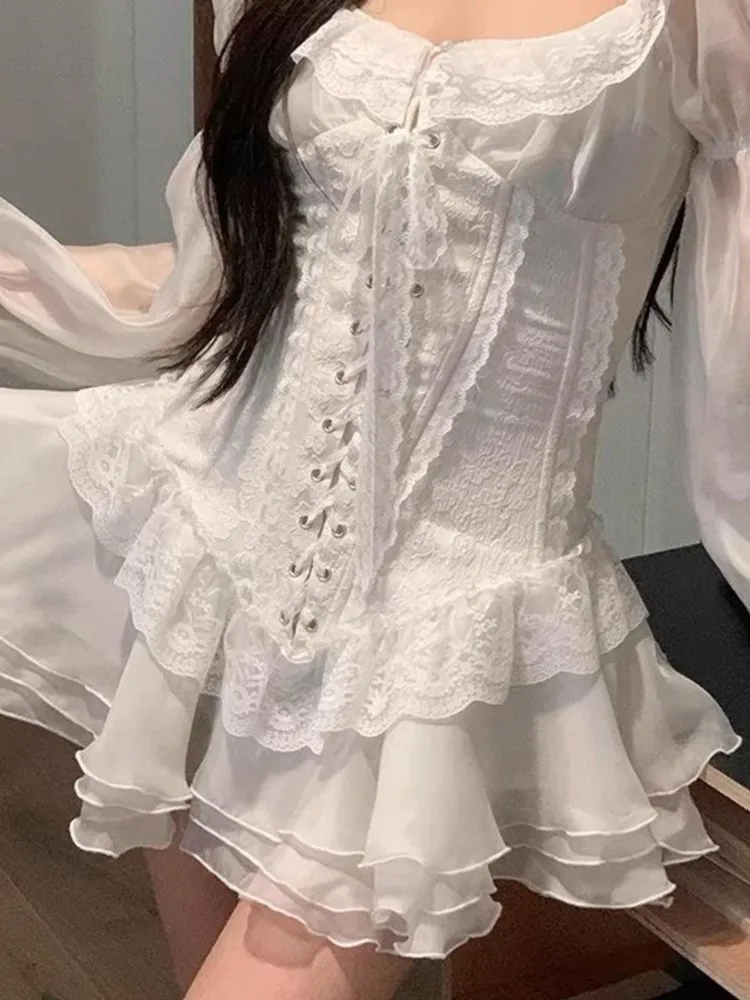 Y2K White Short Dresses for Women Long Sleeves Square Collar Lace-up Corset French Vintage Ruffles A-line Party Dress Vestidos