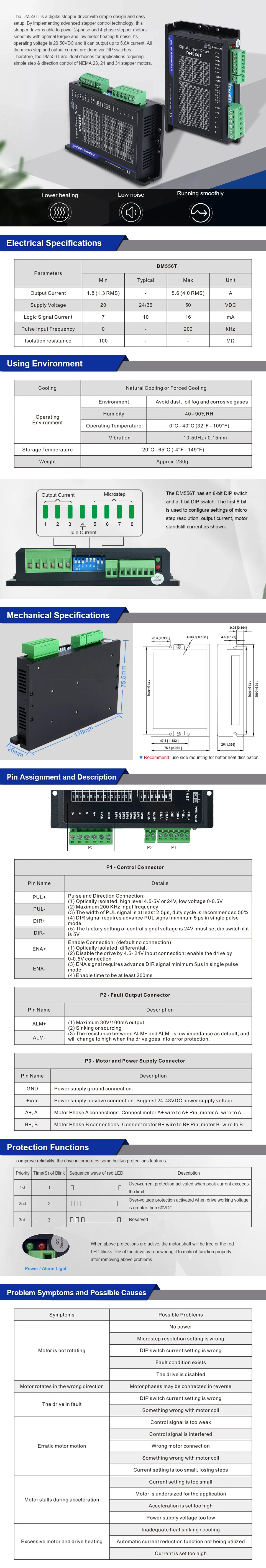 STEPPERONLINE DM556T Stepper Motor Driver 20-50VDC 1.8~5.6A Digital Stepper Motor Controller for Nema 17/23/24/34 CNC Motor