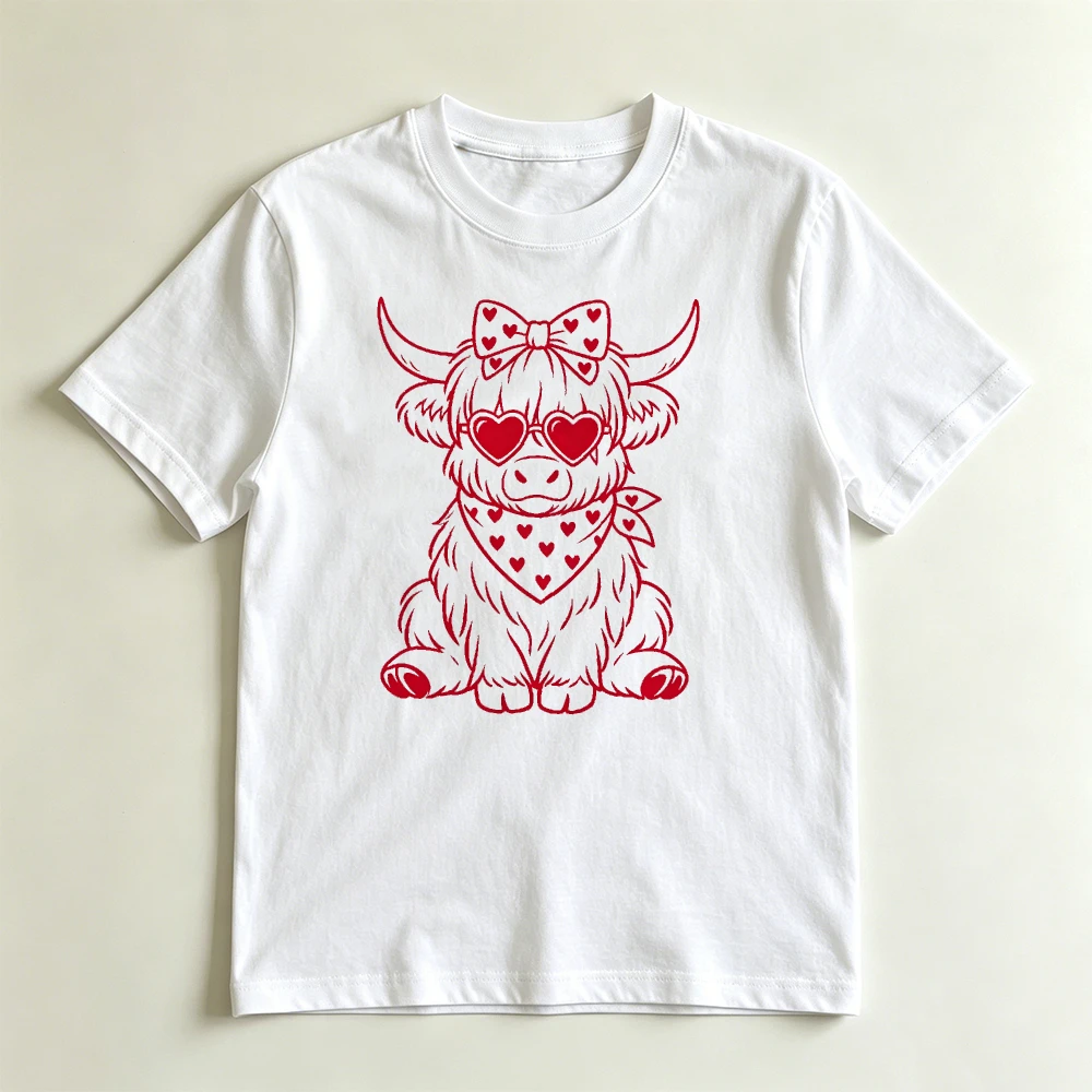 Cute Highland Cow Heart Sunglasses Cartoon Graphic Women T Shirt Summer Daily Casual Tee Funny Animal Print Top