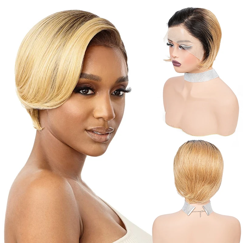 

6-дюймовый парик шнурка 13x4, качественный пикси, смешанный цвет, парики из 100% человеческих волос для чернокожих женщин, предварительно сорванный бразильский кружевной фронтальный парик