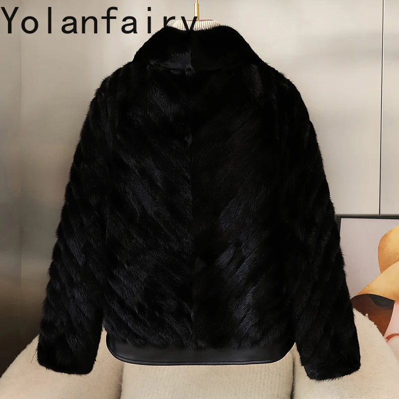 YOLANFAIRY معطف فرو حقيقي للخريف والشتاء معاطف نسائية قصيرة عصرية من الفرو الأسود ملابس نسائية قطع من سترة فرو المنك