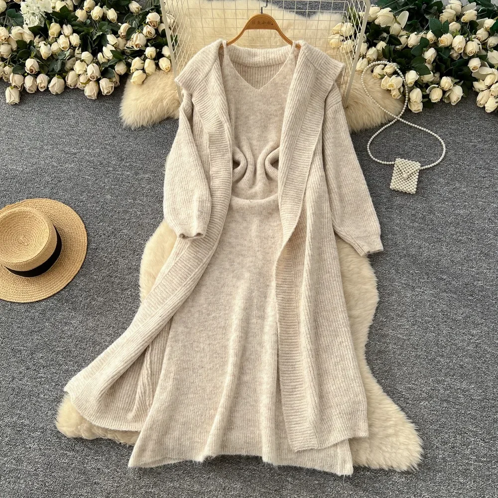 أنيقة فاخرة قطعتين المرأة سليم متماسكة منتصف طول مجموعة فستان بكتافة فضفاضة طويلة الأكمام قسط خمر البدلة مودا سترة