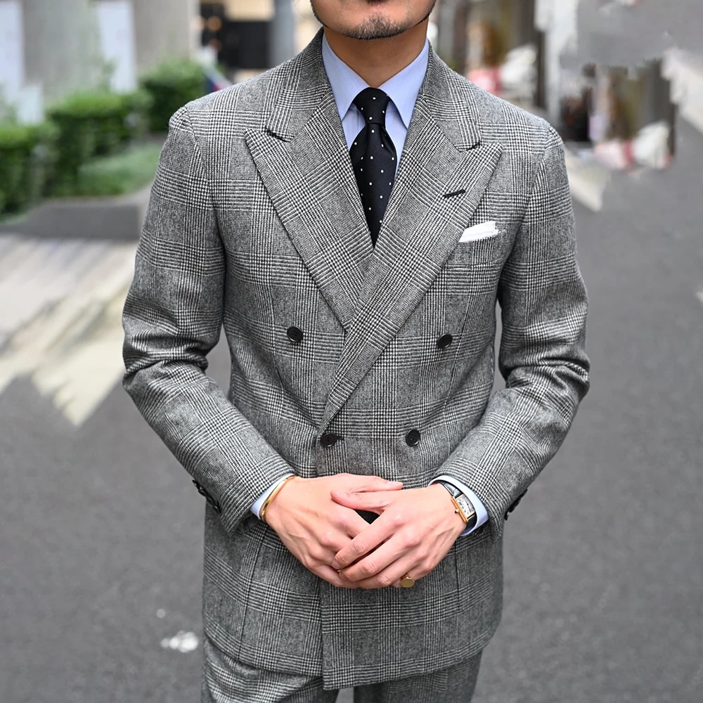 

Classic Men's Suits Fashion Double Breasted Peak Lapel Slim Fit Blazer High Quality Plaid 2 Piece Jacket Pants Full Sets Terno