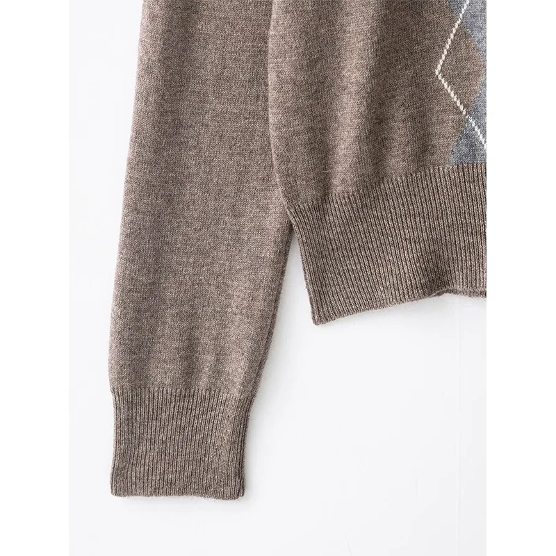 المرأة متماسكة البلوز سترة الخريف الشتاء موضة Argyle الخامس الرقبة طويلة الأكمام البلوزات Vintage ملابس خارجية الإناث شيك القمم #6