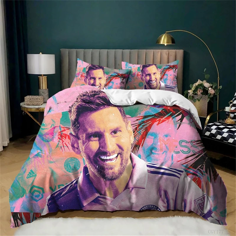 Conjunto de cama para meninos adolescentes Lionel Messi, 3 peças, estrela de futebol, conjunto de capa de edredom, macio e respirável, capa de edredom com zíper