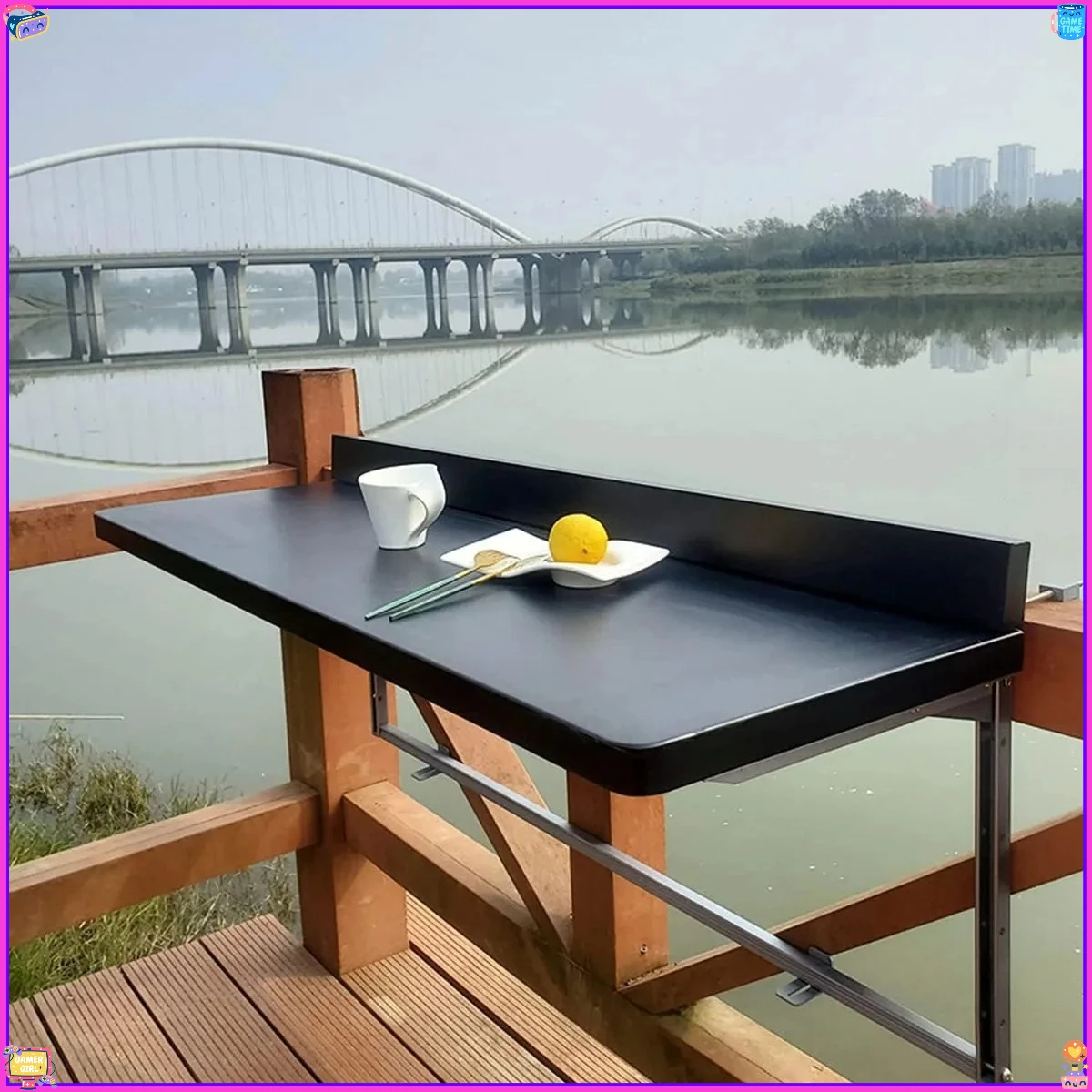 Mesa suspensa preta, montagem em trilho de varanda, mesa lateral dobrável ajustável para pequenos espaços, pátio, jardim, uso em apartamentos.