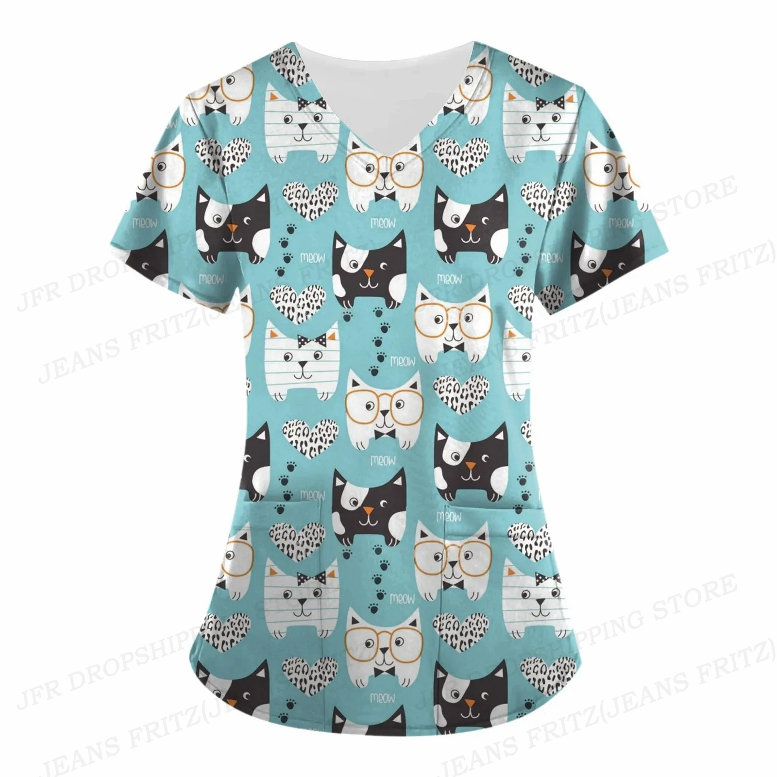 Women Nurse Uniform Flower 3d Print V-Neck Pocket Medical Uniforms Cartoon Cat Nursing Scrubs Tops Uniforme enfermera