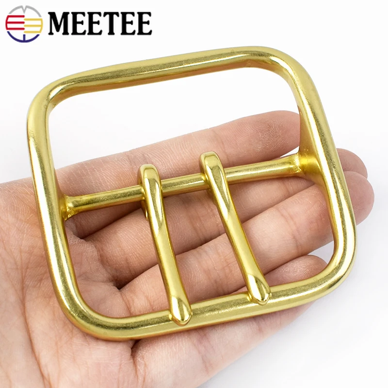 Meetee Solid Brass Metal Buckle Men Women Double Pin Belt Buckles Head for Belts 60mm DIY Leather Craft Jeans Accessories