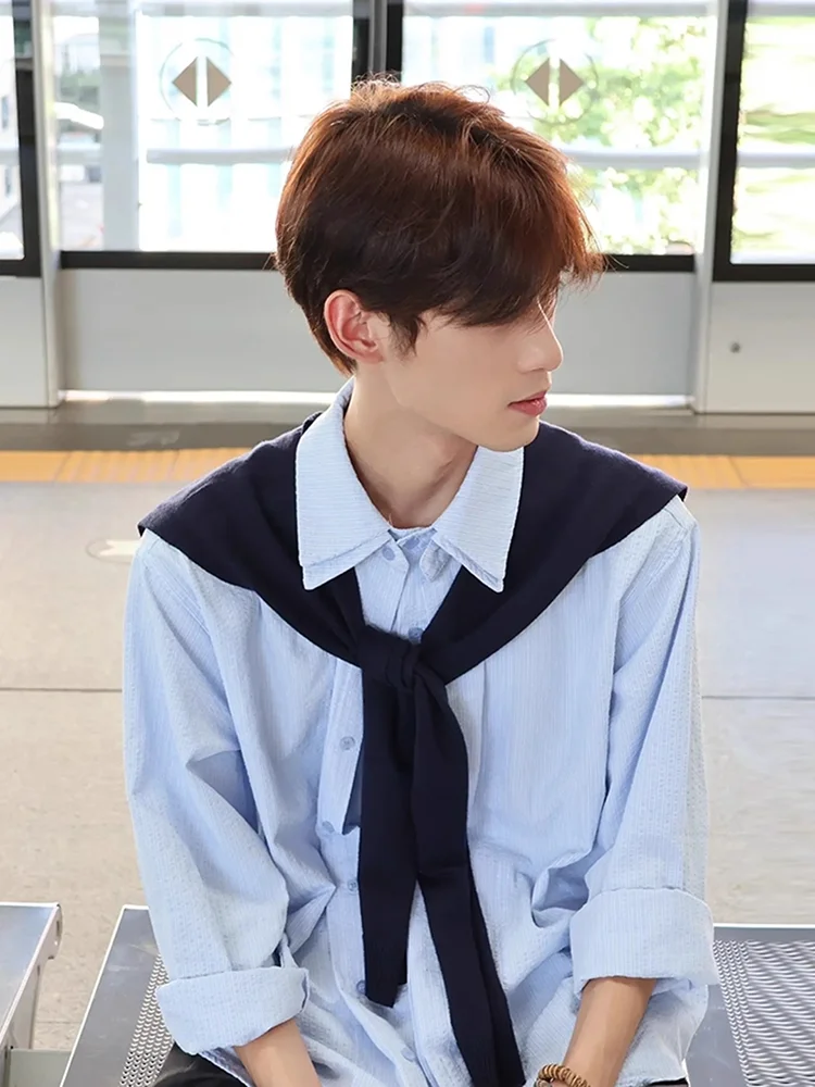 

Blue Striped Long Sleeve Shirt Men's Detachable Korean Style Loose Fit Casual Shirt for Autumn Spring Summer Couple's Cardigan