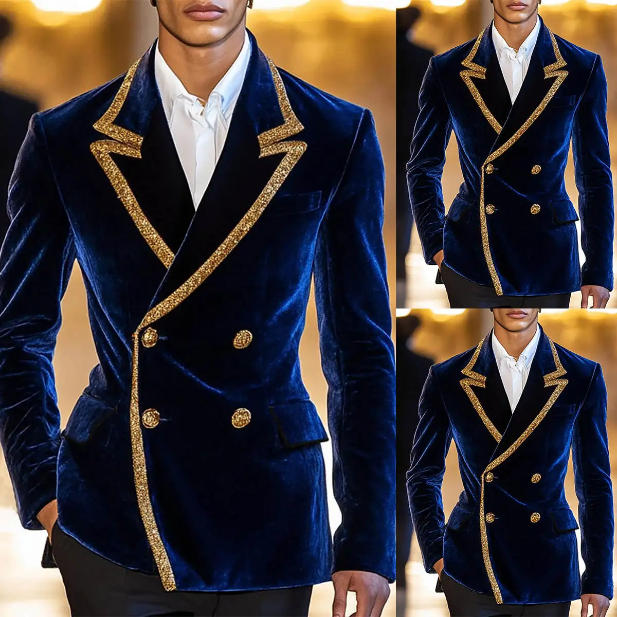 

Velvet Men Wedding Tuxedos Gold Sequined Lapel Tailored Jacket Birthday Party Prom Groom Wear One Piece