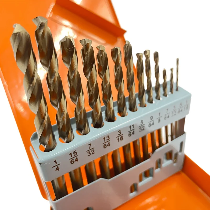 Boîte de 13 forets en cobalt M35, imperial 1/16"-1/4", 135 °   Foret à pointe fendue pour le perçage de l'acier inoxydable et du bois