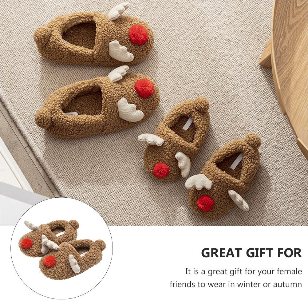 

1 Pair Elk Slippers Warm Anti-Skid Indoor Household Slipper For Heel Cover Slipper Women Winter Home Wear Flat Shoes