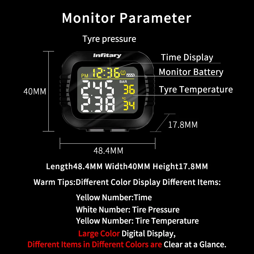 Infitary Motorcycle TPMS Tire Pressure Monitoring System Temperature Alarm 2 External Sensors Moto Tyre Alarm System Real Time