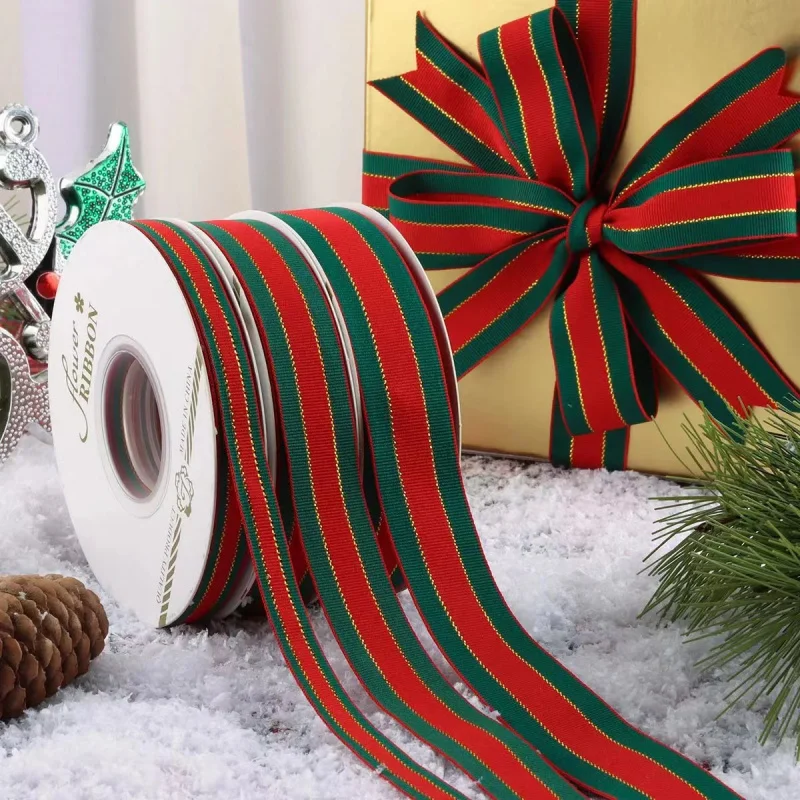 20 Yards/Rolle Weihnachtsgeschenkband, Neujahrsgeschenkverpackung, frische Blumen mit Satinband, rote und grüne Streifen gebunden