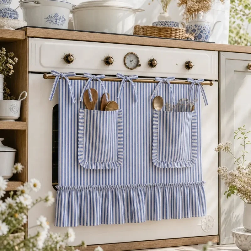 Vintage Crochet Lace Kitchen Curtain Semi-Sheer Striped Cotton Linen Short with Tassels for Farmhouse Style Cabinet Door
