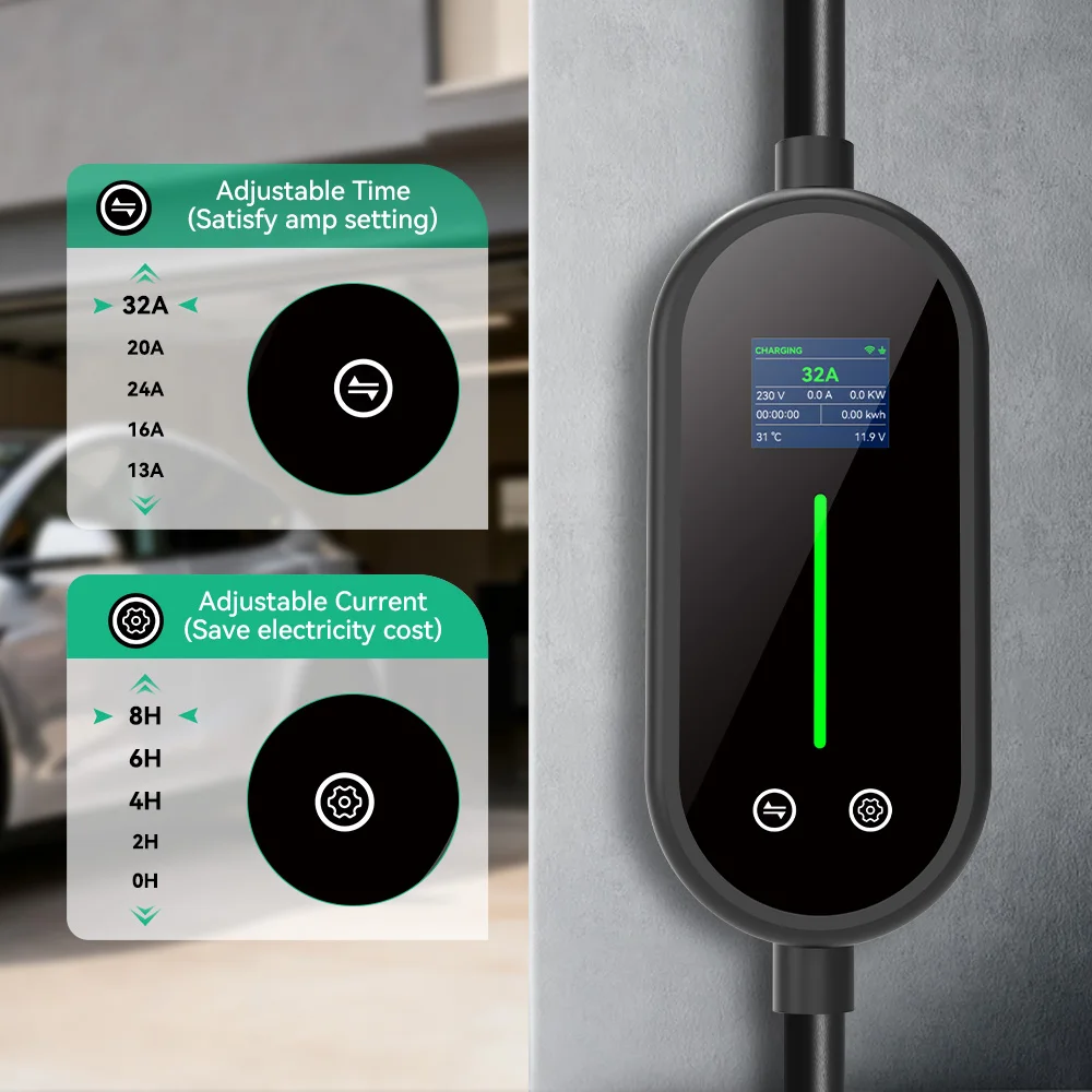JDMEX 7KW Portable EV Charger Type2 Car Charger 32A 1Phase Wallbox Type1 GB/T EVSE Charger APP Control Language Switch CEE 5M