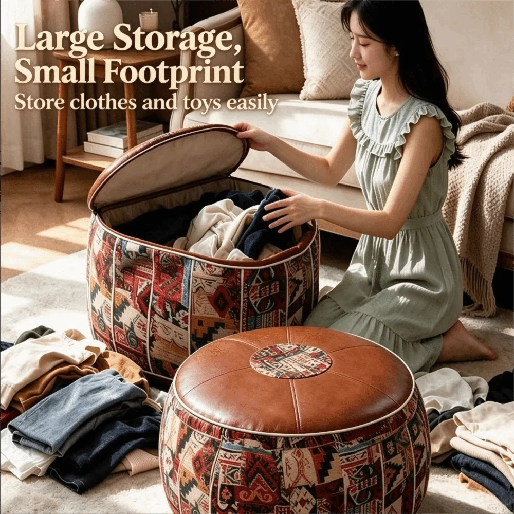 With Wheels Boho Seat Cushion Cover Embroider Craft Leather Sofa Stool Cover Waterproof Unstuffed Pumpkin Pouf Cover