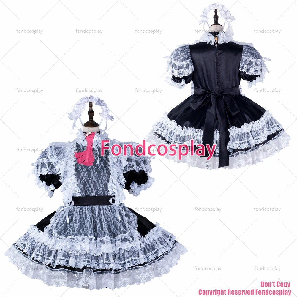 fondcosplay adult sexy cross dressing sissy maid short black satin dress lockable Uniform white lace apron CD/TV[G2344]