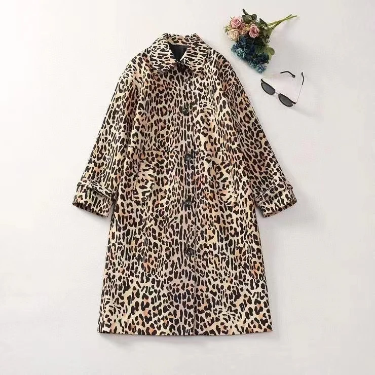 

Europe and the United States women's 2024 winter new Nine-quarter sleeve lapel leopard print single breasted fashion Trench coat