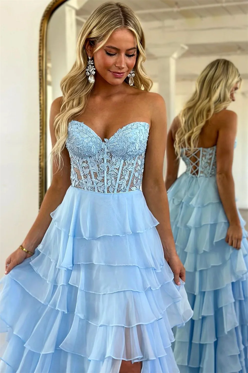 Annie Embroidery Princess Prom Dresses Ruffled Multi-layer Evening Dresses Light Blue Formal Occasions Elegant Party Dress