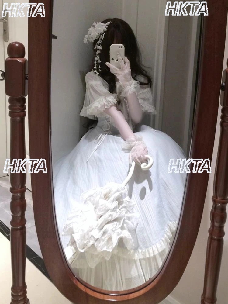 Japanse stijl elegante lolita taille lolita jurk vrouwen zomer bloemblaadjes korte mouwen pop kraag boog riem prinses lange jurk