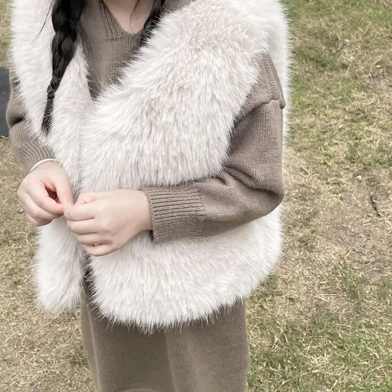 

Children Faux Fur Vest Coats Fur Jackets Solid V Neck Sleeveless Coverd Button Thick Warm Fur Loose Casual 2025 Autumn Winter