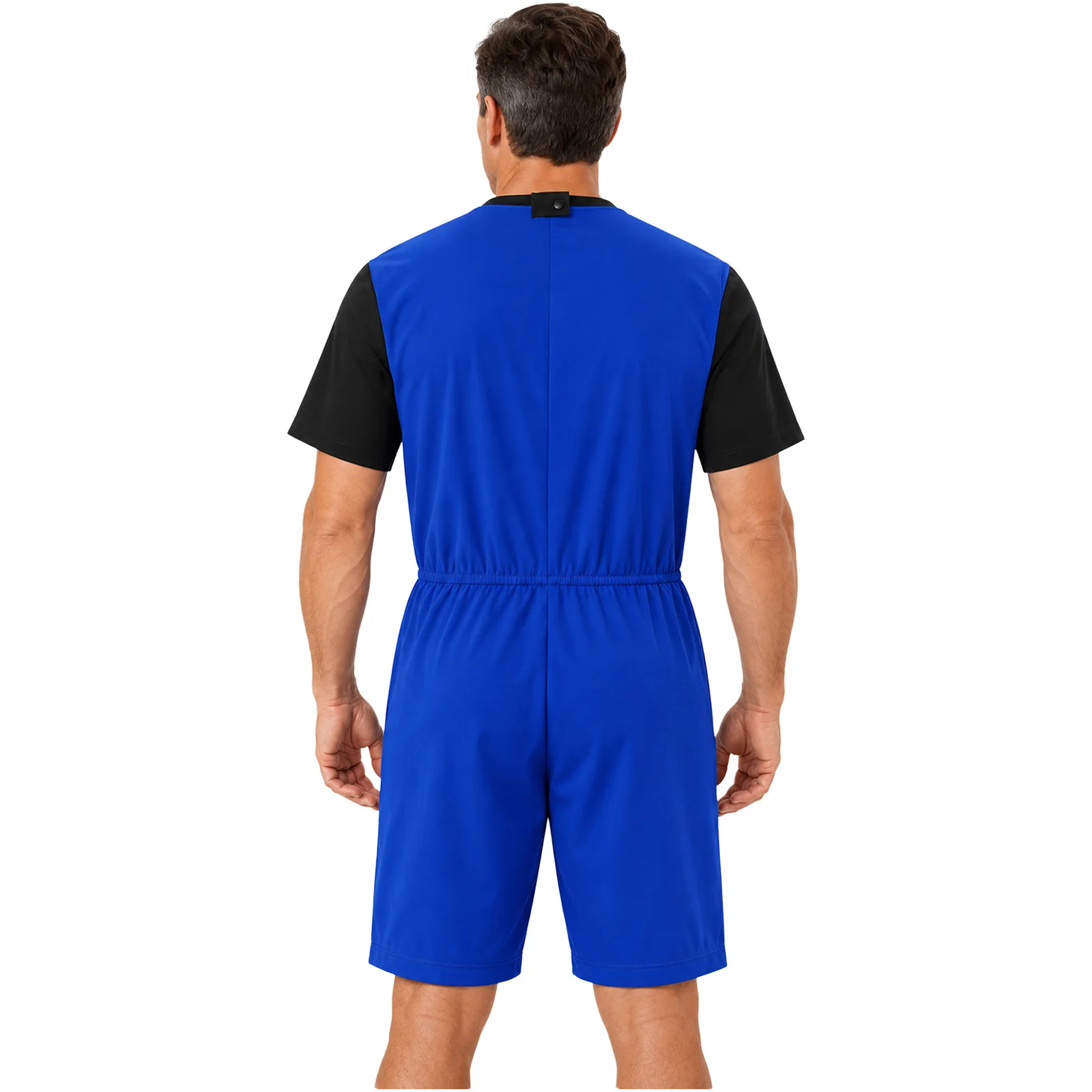 Unisex Men Women Zipper Anti-strip Adaptive Jumpsuit Short Sleeve Elastic Waist Thigh Length Color-blocked Bodysuit with Pockets