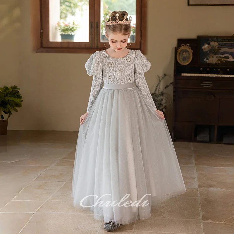 Girl's Dresses Light Gray Round Neck Long Sleeve Flounce Style Girls' Recital Dress Girls elegant dresses Holy communion dress,L