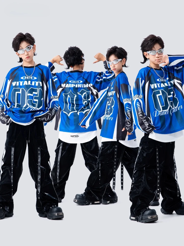 Jungen Streetwear Hip Hop Kontrast Sweatshirt Glänzende Leder Cargo Hosen Coole Street Dance Sport Kleidung Sets Gruppe Jazz Kostüme