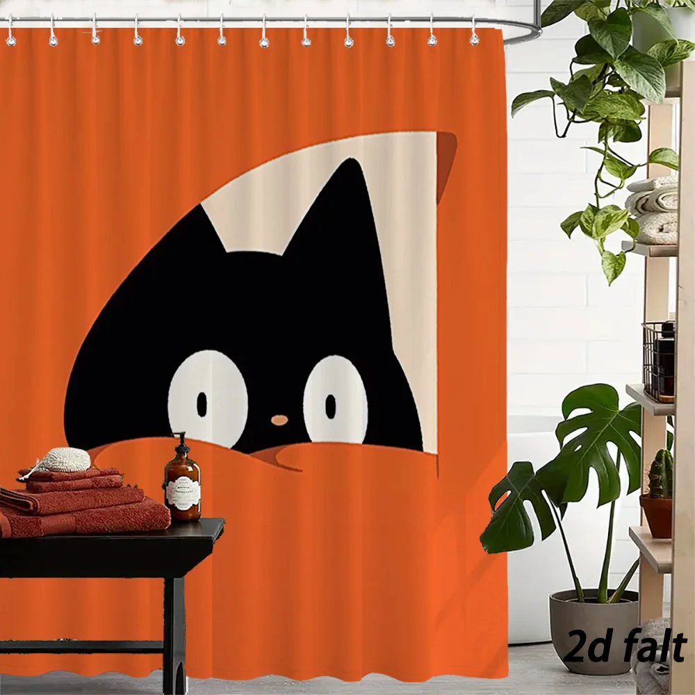 

Милая мультяшная шторка для душа с черным котом-проказником, оранжевым фоном, белыми глазами и маленьким носом, полиэстер, машинная стирка
