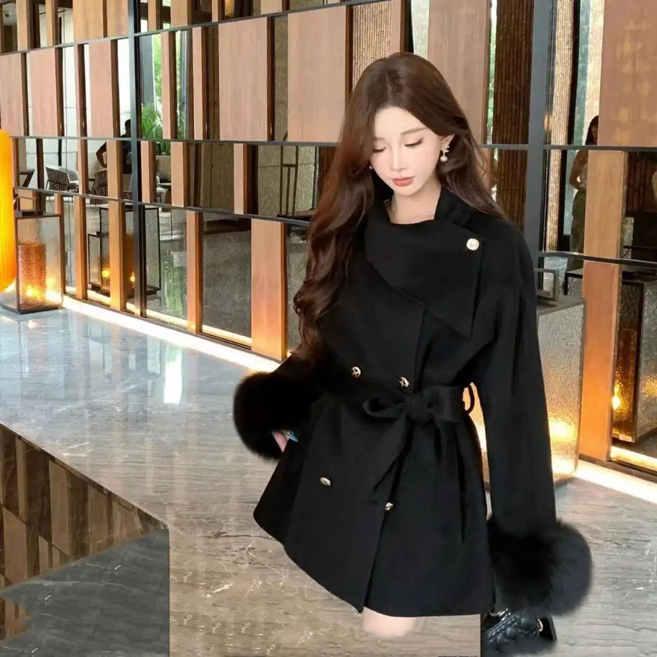 Autumn White Furry Sleeve Belted Mid-Long Wool Coat Women's Loose Premium Overcoat