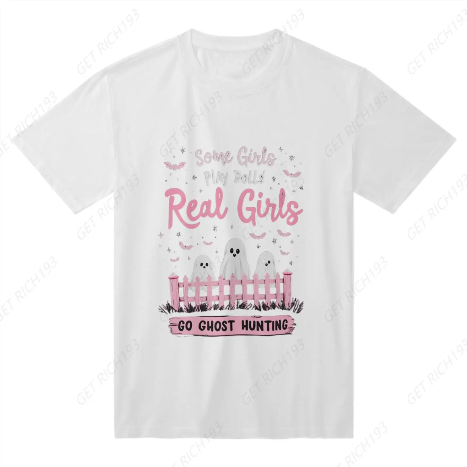 Pink Picket Fence Ghosts Graphic Soft Cotton Tee Halloween Whimsy Design And Comfortable Tee