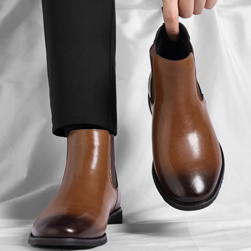 Mens Brown Chelsea Boots Genuine Leather Elastic Band Slip On Ankle Boots British Style Formal Casual Dress Footwear Fashion