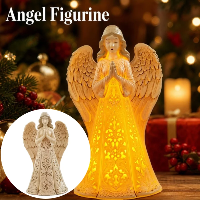 Christmas Resin Praying Angel Statue with Built‑in Warm LED Light Hollow Carved Christmas Desktop Ornament Home Holiday Decor