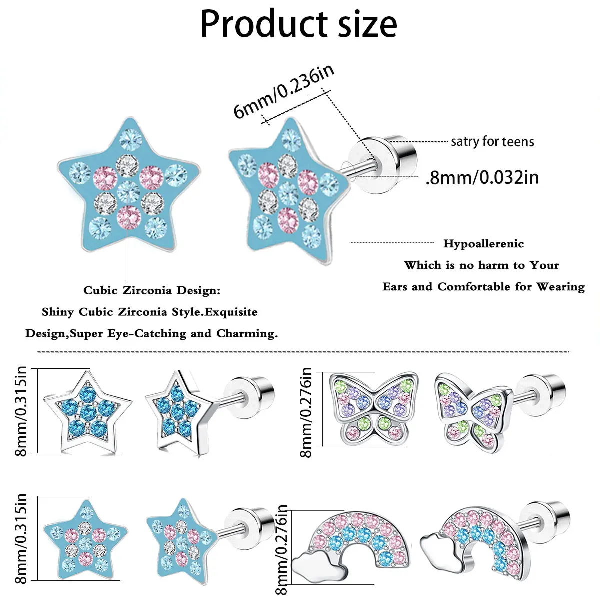 4 pairs of stylish stud earrings for ladies and girls, stainless steel star/Rainbow/butterfly perforated jewelry