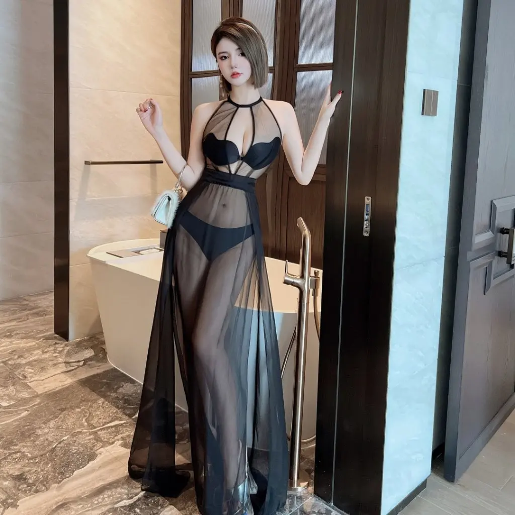 Vestido largo de gasa con escote en V profundo, vestido femenino Sexy de cintura escotada, estilo técnico de Sauna, vestido de moda para mujer con clase pura