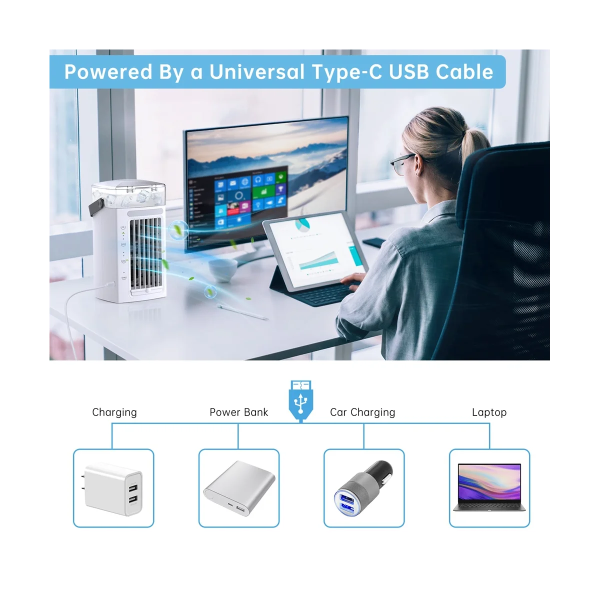 휴대용 에어컨 선풍기, 책상 공기 냉각기 및 가습기, 침실용 LED 조명, 3 선풍기 속도, 7 색, 3 in 1